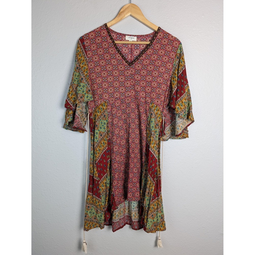 UMGEE‎ Dress Womens M Red Short Trapeze & Swing V-Neck Flutter Sleeve Tasseled